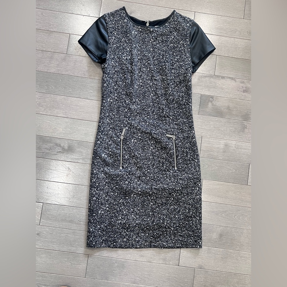 Michael Kors Tweed Shift Dress Faux Leather Sleeves Size 0 Zip Pockets